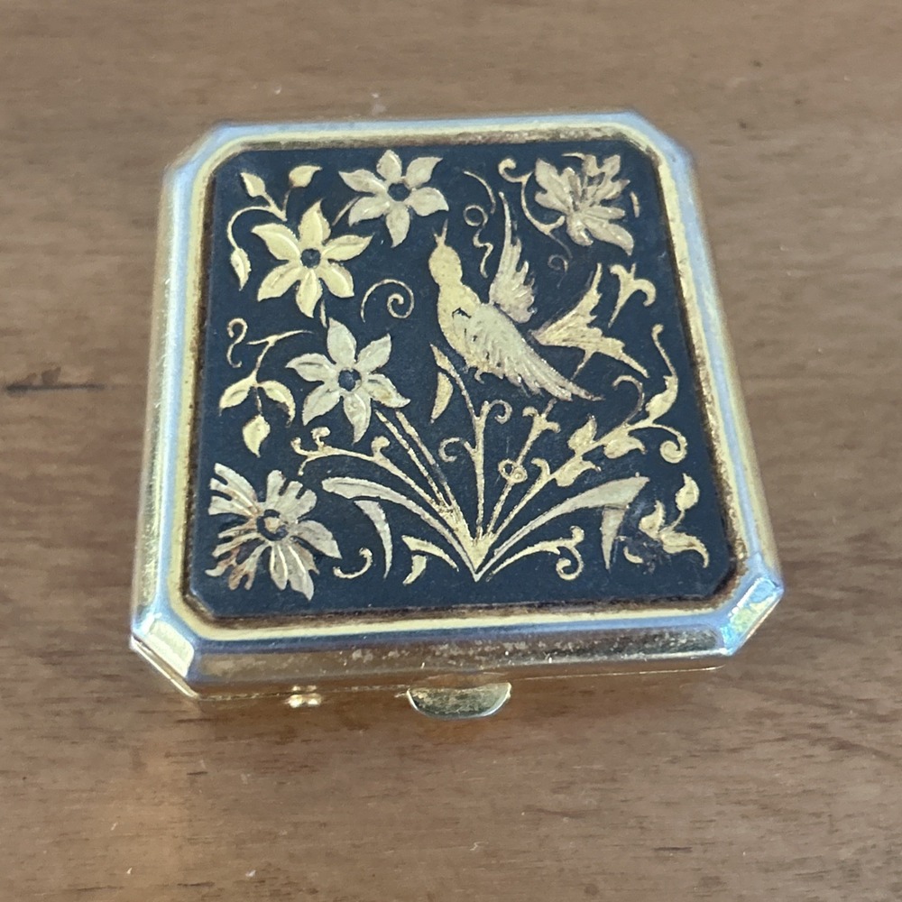 Vintage Spanish Damascene Pill Box Toledo Gold Bird Floral Square Case